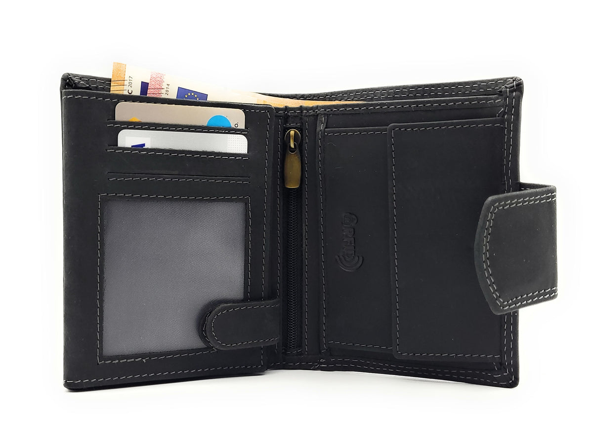 Jockey Club Büffel Voll-Leder Geldbörse mit RFID-Schutz & Außenriegel – Schwarzes Portemonnaie mit 10 Kartenfächern