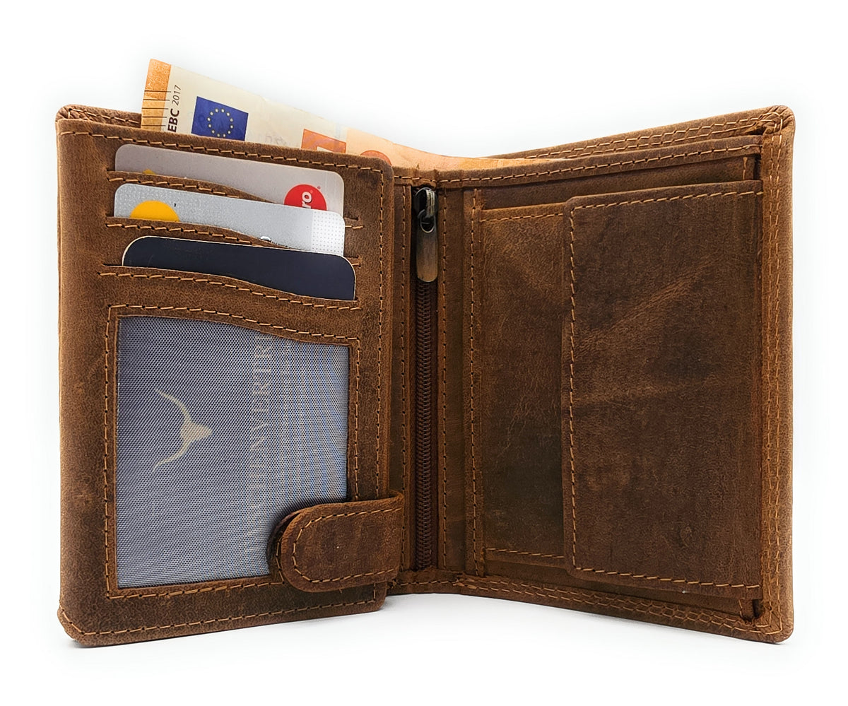 Lemasi robustes Hunterleder Portemonnaie Geldbörse RFID Blocker 19 Fächer Unisex braun