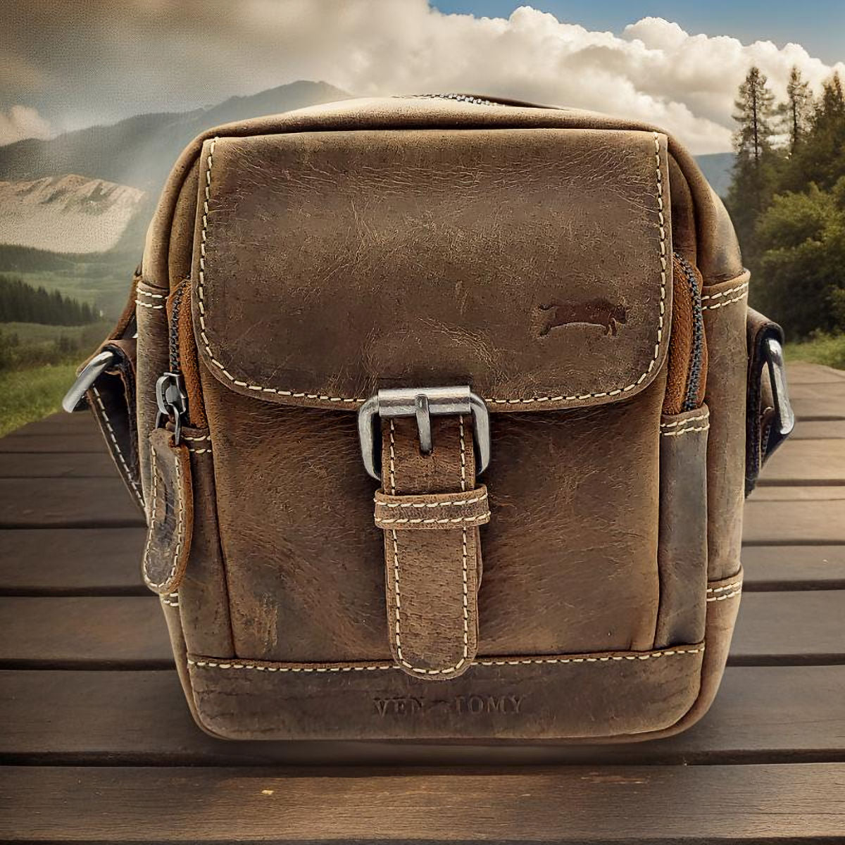 Ven Tomy kleine Umhängetasche Schultertasche Handtasche aus Büffelleder im vintage Look braun