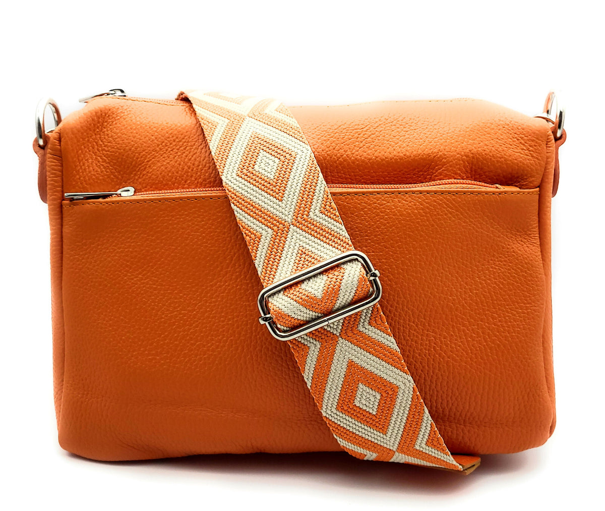 Kleine Handtasche aus echtem Leder – Made in Italy – mit 2 abnehmbaren Schultergurten & silbernen Details – Orange