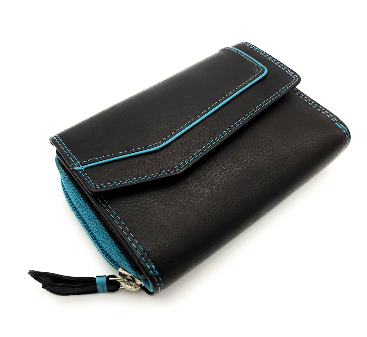 Jockey Club Leder-Geldbörse mit RFID-Schutz – Triangel-Design schwarz-türkis
