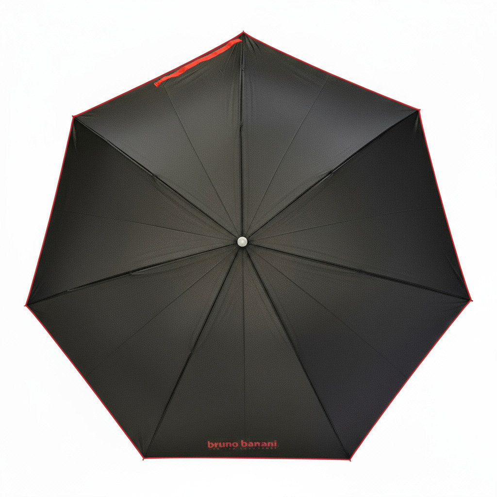 bruno banani Regenschirm Shorty – Handöffner, 7-teiliges Gestell, Polyester Pongee, mattierter Griff mit Logodruck, Schirmdach mit roter Borte, Hülle mit Reißverschluss Schwarz Rot