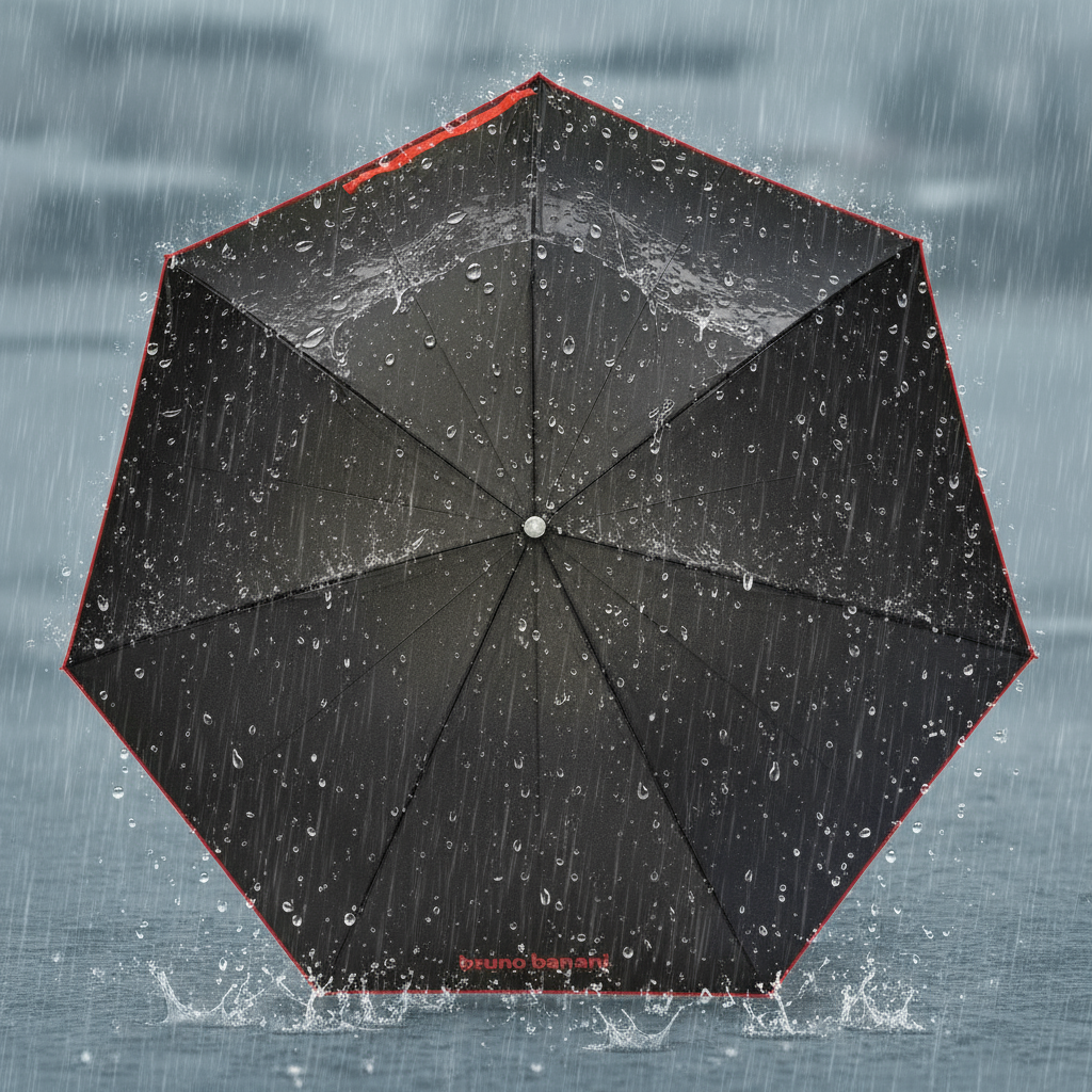 bruno banani Regenschirm Shorty – Handöffner, 7-teiliges Gestell, Polyester Pongee, mattierter Griff mit Logodruck, Schirmdach mit roter Borte, Hülle mit Reißverschluss Schwarz Rot