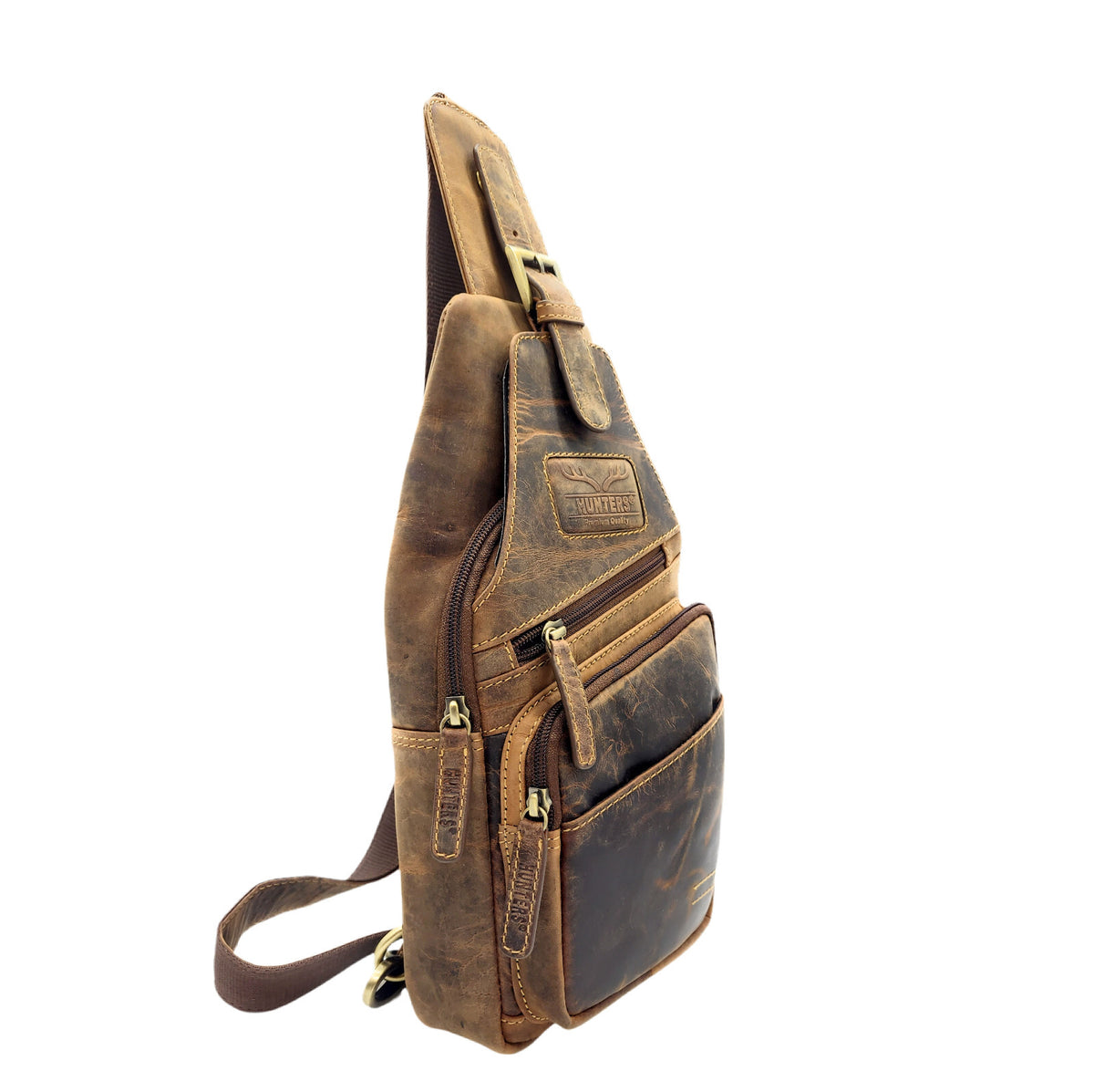 Vintage Hunters Slingbag aus echtem braunem Hunterleder mit mehreren Reißverschluss- und Einsteckfächern, Seitenansicht
