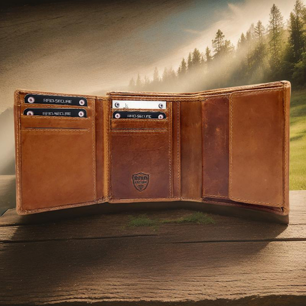 Jockey Club kompakte echt Leder Geldbörse Portemonnaie mit RFID Schutz gewachstes Rindleder cognac