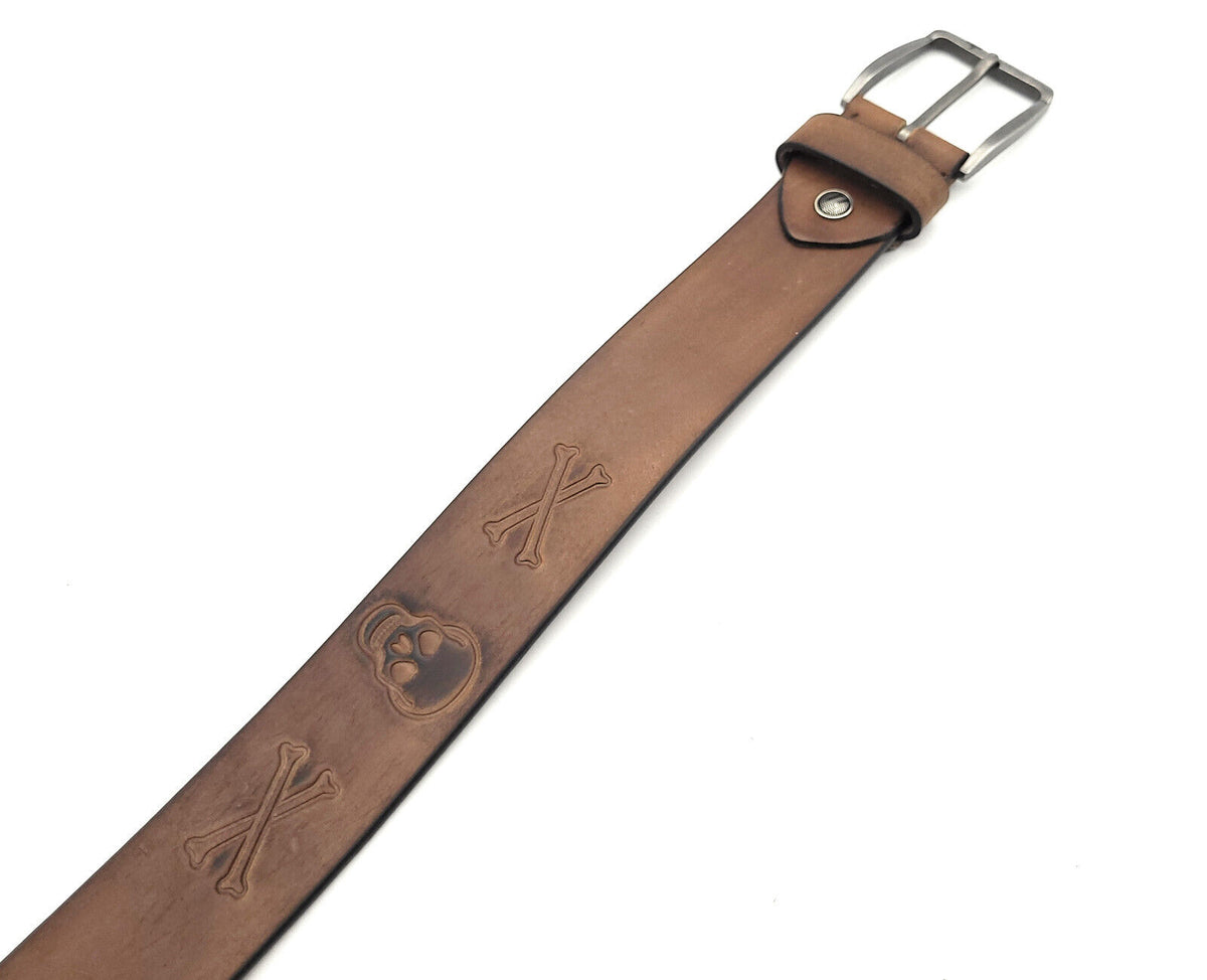 Ledergürtel Totenkopf Büffelleder – Herren & Damen, 40mm, individuell kürzbar, braun