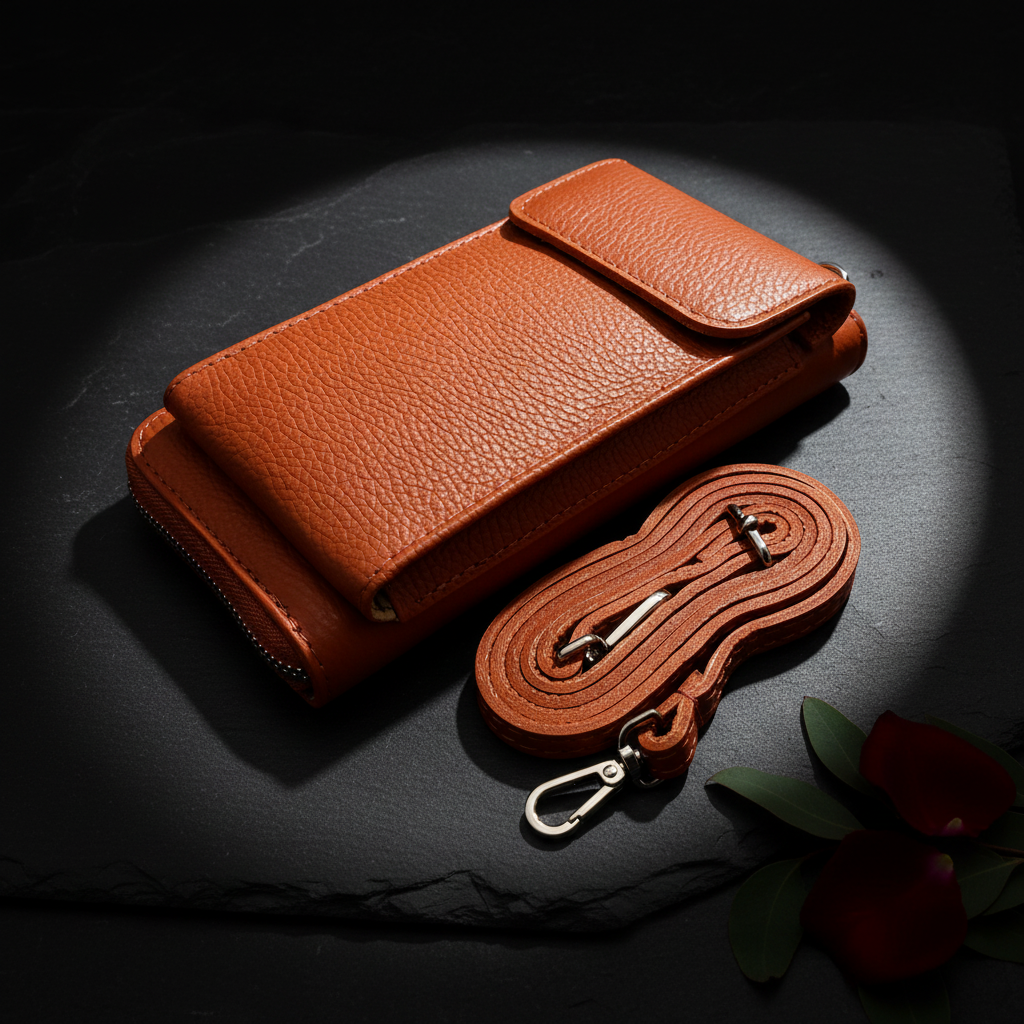 Leder Handytasche mit Geldbörse | Smartphone Umhängetasche Made in Italy amber orange