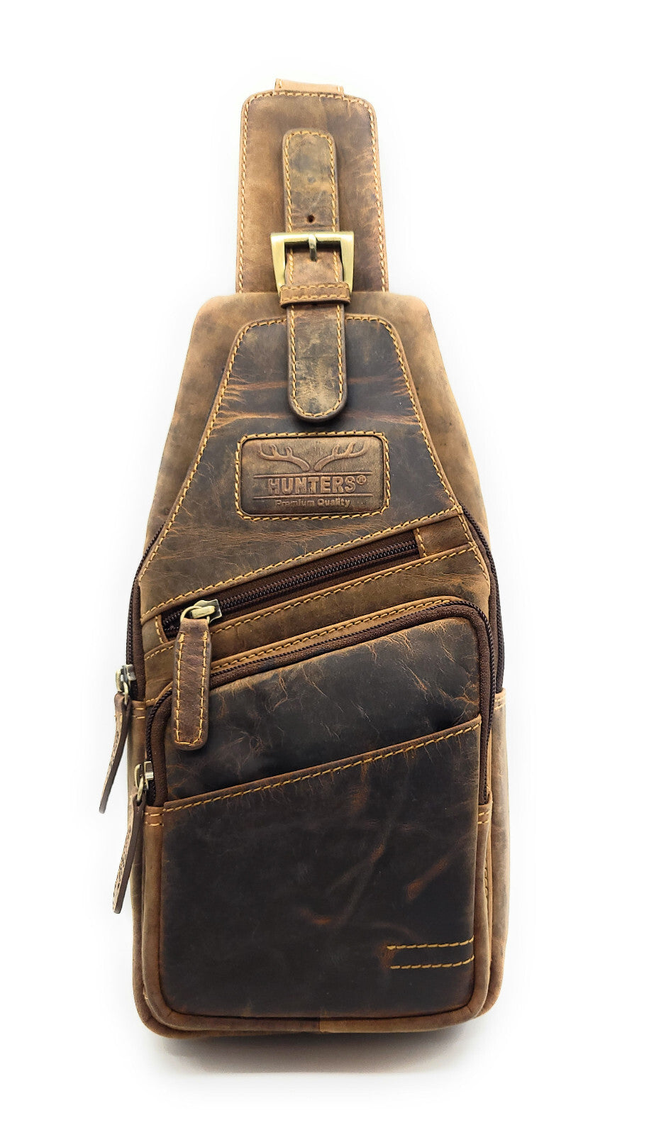 Hunters Crossbag Slingbag aus echtem Hunterleder – Vintage-Umhängetasche mit Platz für 0,33L Wasserflasche & Tablet