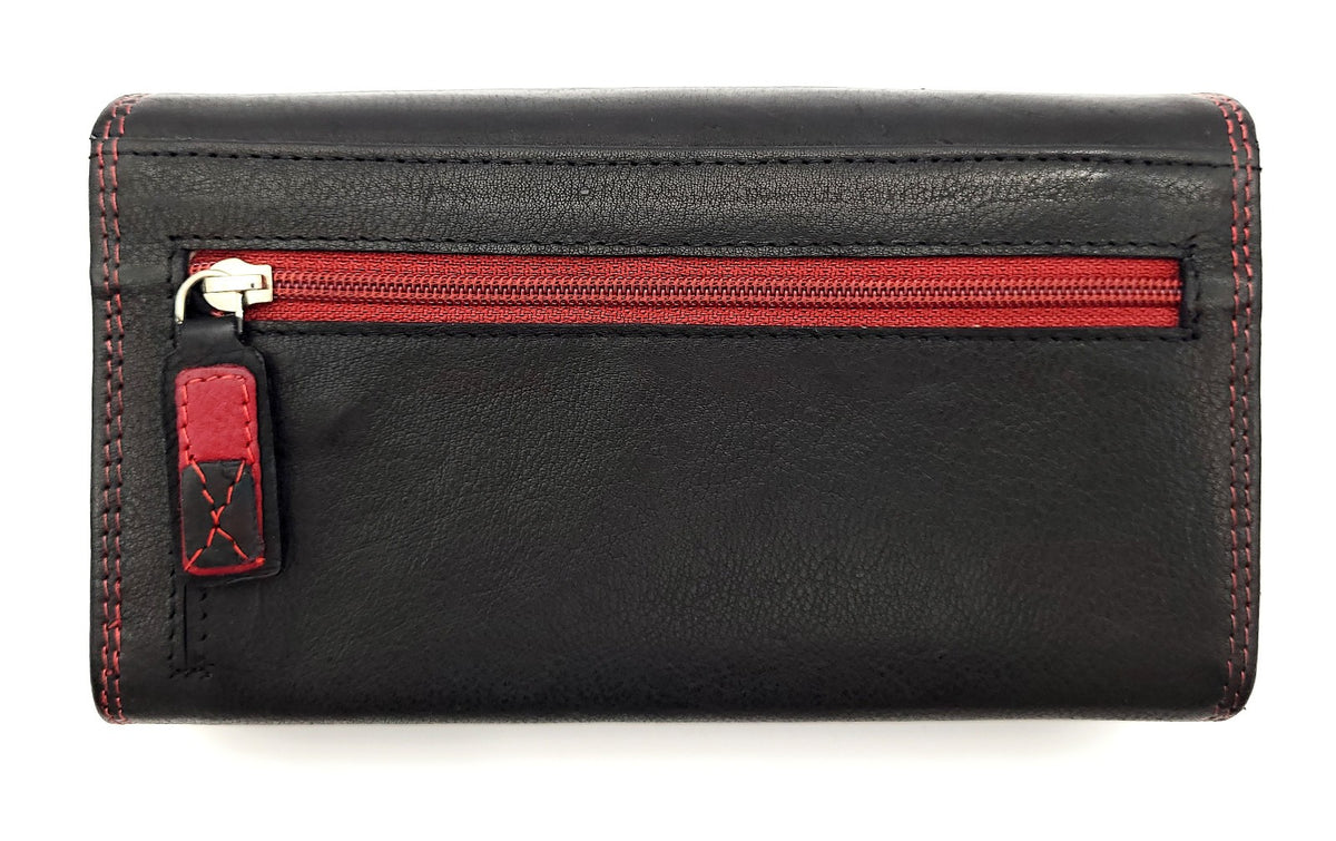 Jockey Club Echt Leder Damen Geldbörse RFID Schutz – Portemonnaie Bicolor Schwarz/Rot – Viele Fächer, Druckknopf, Reißverschluss, großes Münzfach