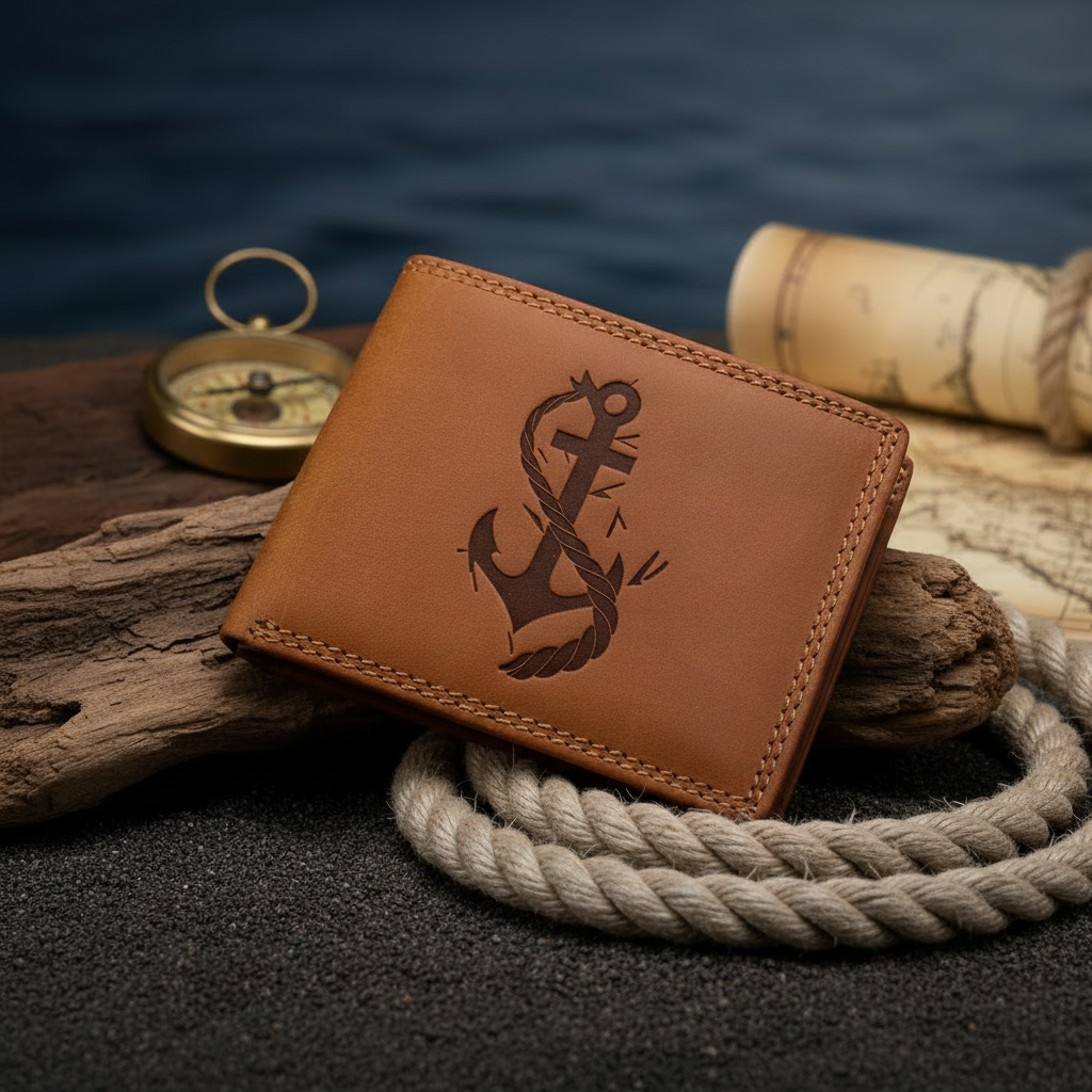 Leder Geldbörse RFID Schutz | Anker Motiv Maritim | Hunterleder Braun | Lemasi
