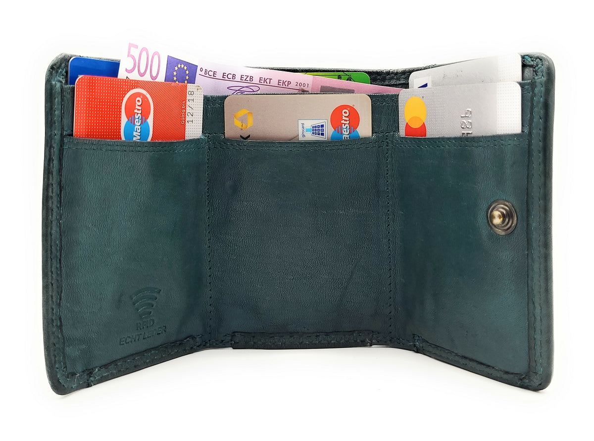 Hill Burry kleine echt Leder Damen Geldbörse Portemonnaie Waschleder mit RFID Schutz petrol