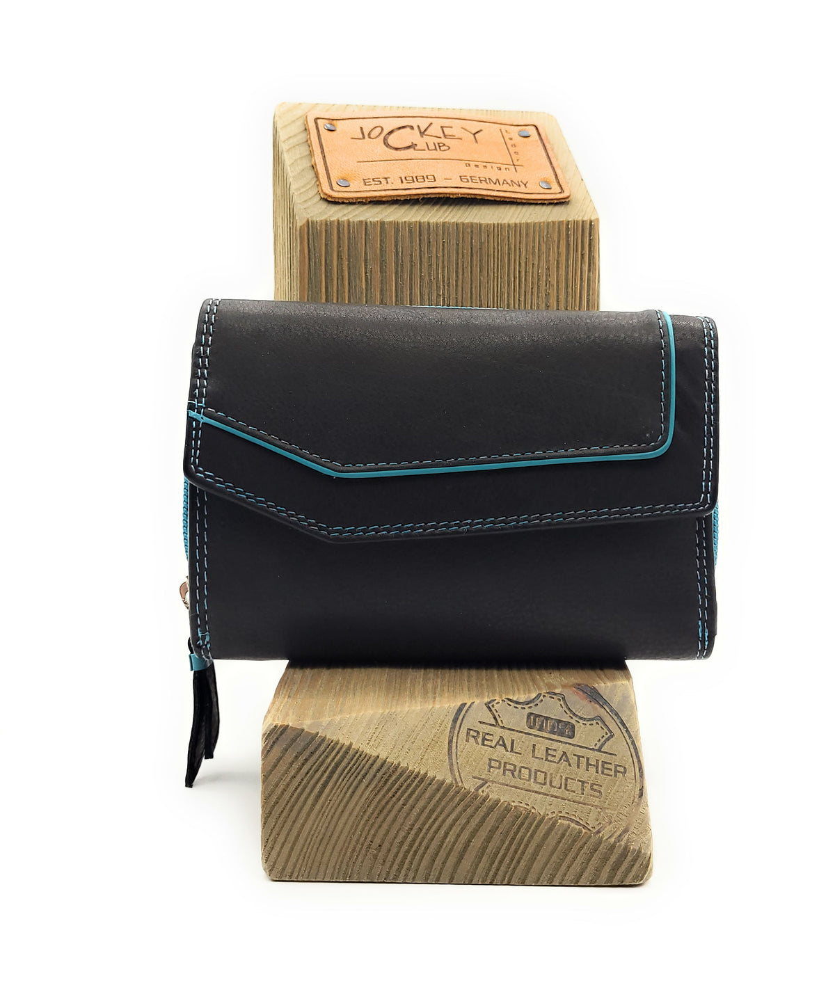Jockey Club Leder-Geldbörse mit RFID-Schutz – Triangel-Design schwarz-türkis