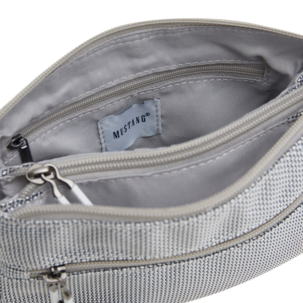 Mustang Umhängetasche Dabas – kleine Schultertasche aus Nylon mit Reißverschlussfächern & verstellbarem Gurt silber