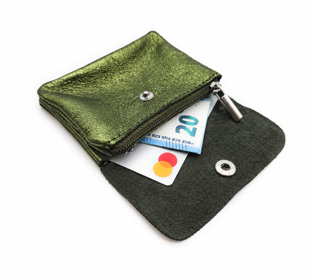 Mini Geldbörse aus echtem Rindleder – kompaktes Leder Portemonnaie Made in Italy grün metallic