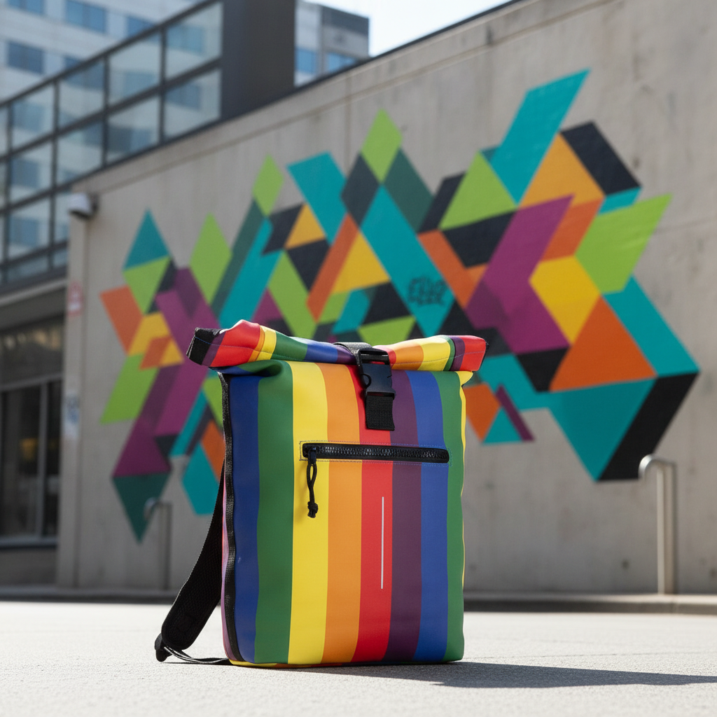 New Rebels New York Rolltop Rucksack Regenbogen – wasserabweisend, 15" Laptopfach, 15 L