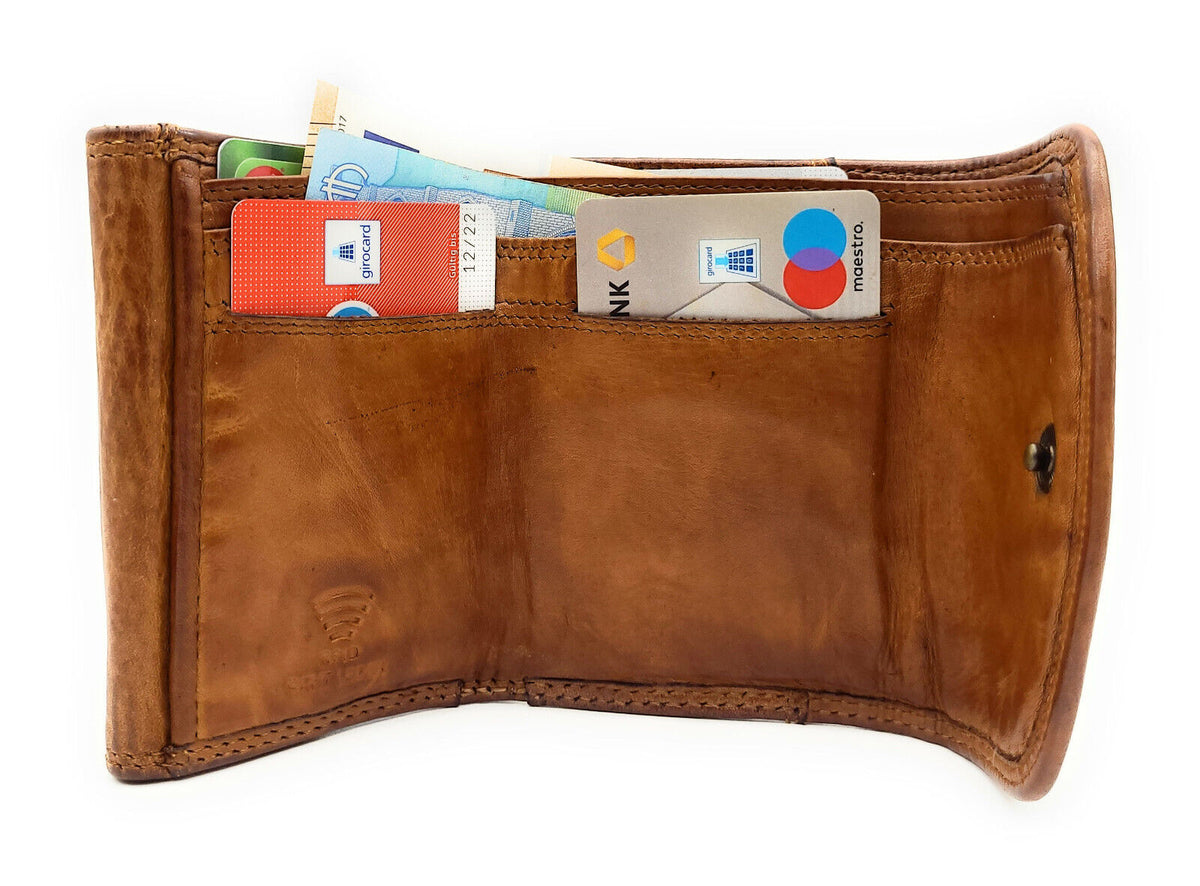 Hill Burry Mini Geldbörse Damen aus echtem Waschleder mit RFID-Schutz – Cognac