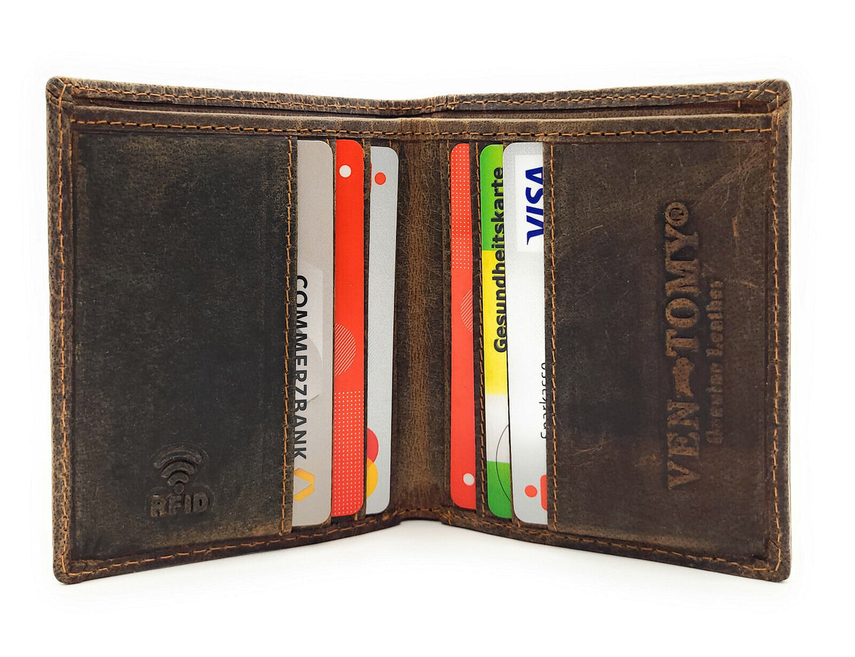 Ven Tomy echt Leder Mini Geldbörse Portemonnaie 6 Kartenfächer Büffelleder mit RFID Schutz braun