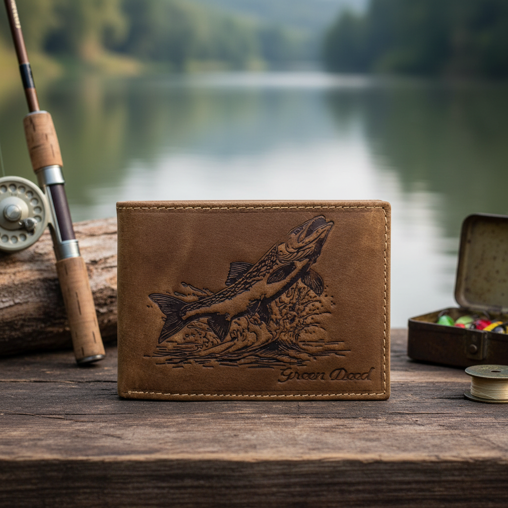 Green Deed Geldbörse Hunterleder Dunkelbraun – Hecht-Motiv, RFID-Schutz & Geschenkbox