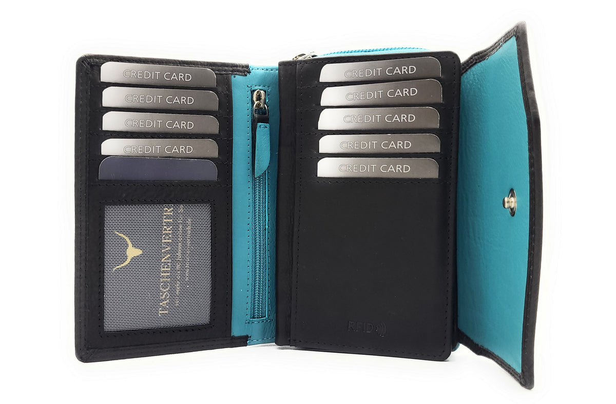 Jockey Club Leder-Geldbörse mit RFID-Schutz – Triangel-Design schwarz-türkis
