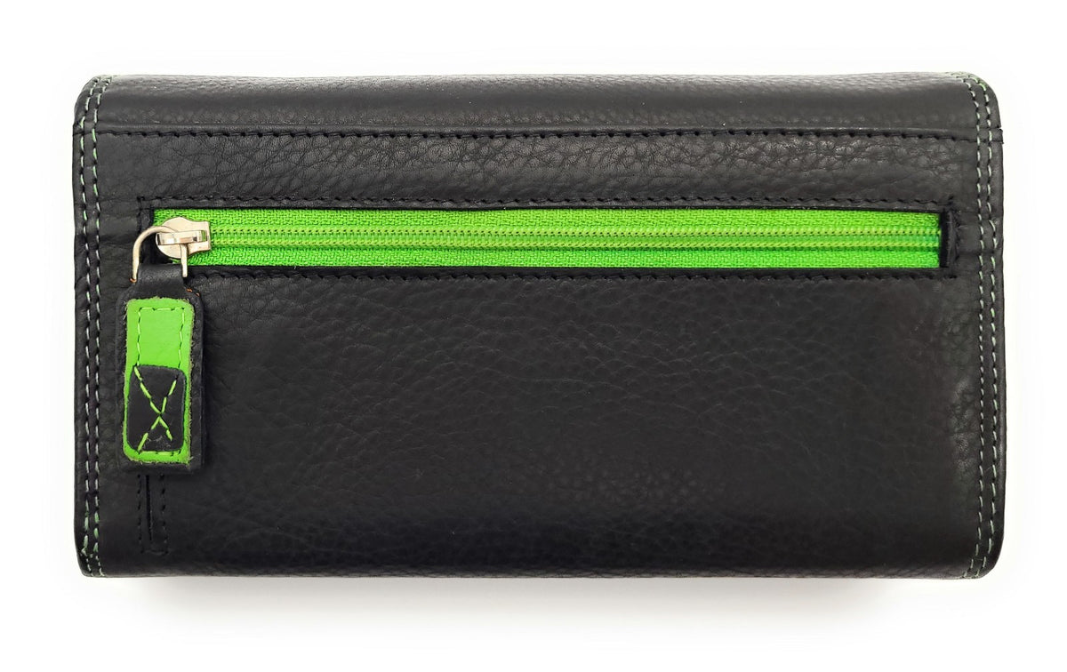 Jockey Club Echt Leder Damen Geldbörse RFID Schutz – Portemonnaie Bicolor Schwarz/Grün – Viele Fächer, Druckknopf, Reißverschluss, großes Münzfach