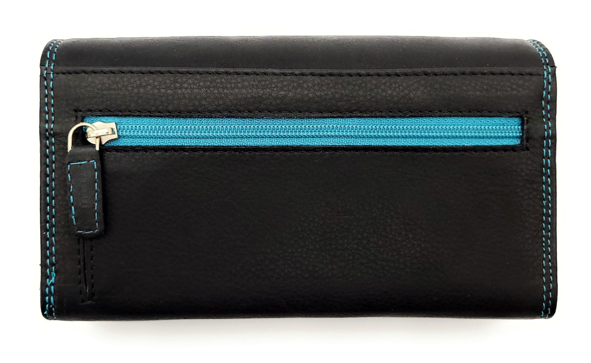 Jockey Club Echt Leder Damen Geldbörse RFID Schutz – Portemonnaie Bicolor Schwarz/Türkis – Viele Fächer, Druckknopf, Reißverschluss, großes Münzfach