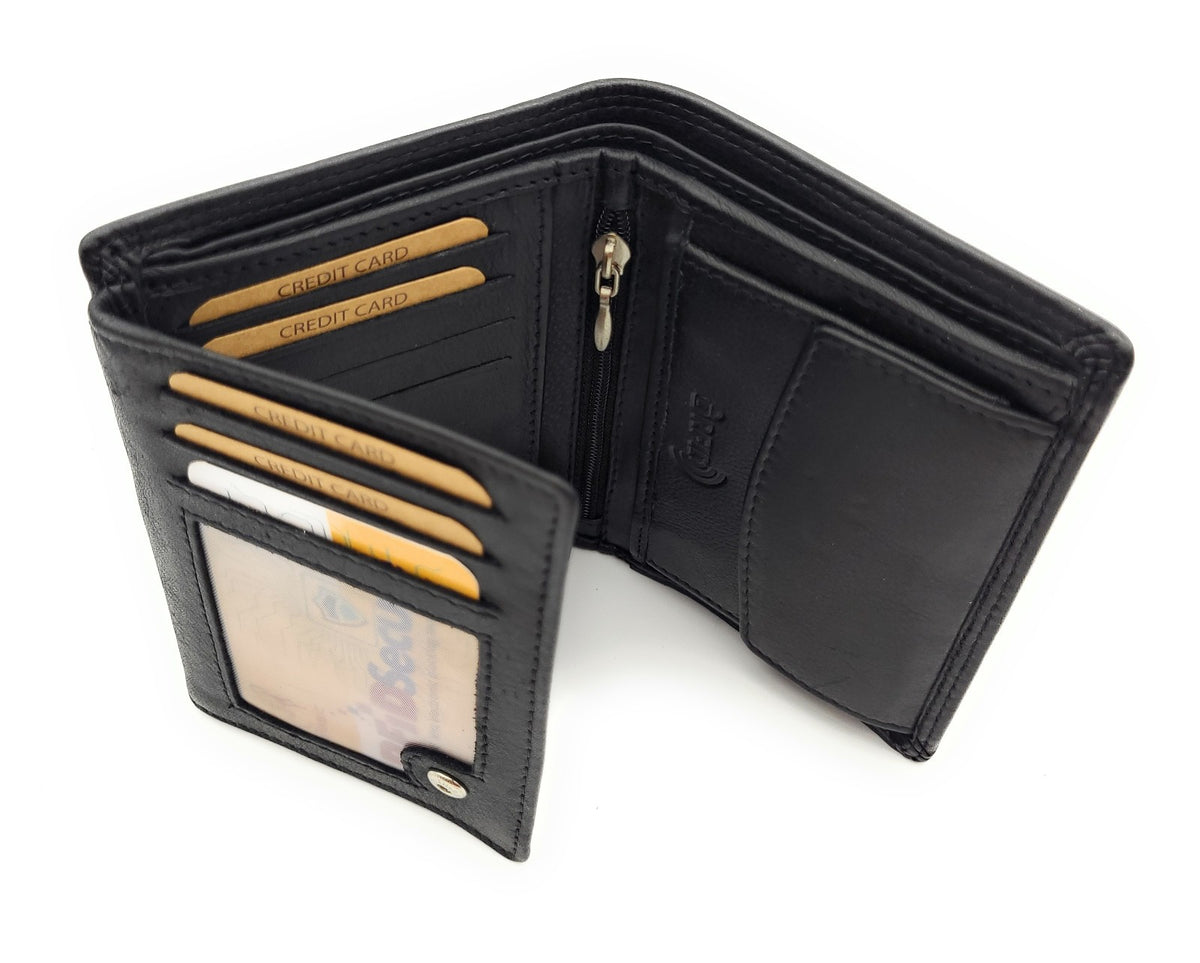 Jockey Club Basic Geldbörse aus Rindleder mit RFID-Schutz, Reißverschlussfach, 6 Kartenfächern, 2 Sicht- & 2 Einsteckfächern, Münzfach & Doppelnaht schwarz