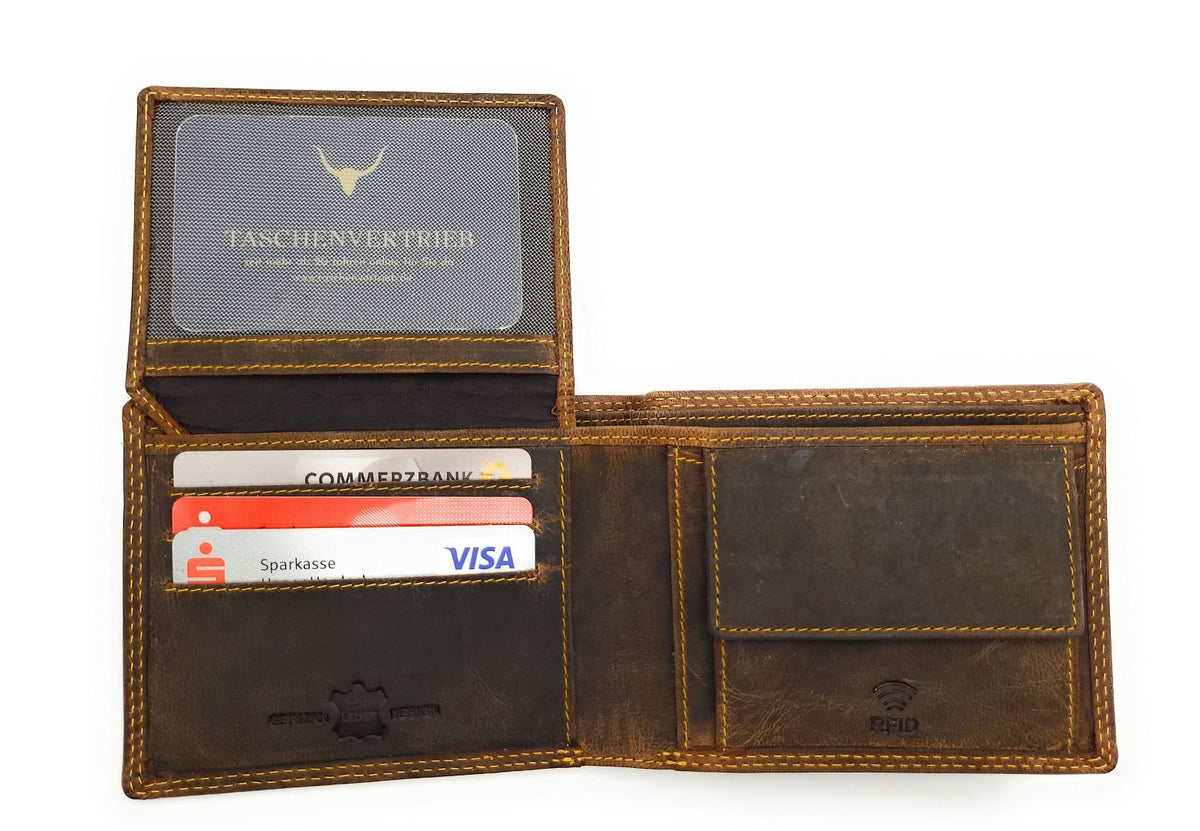 Hunterleder Portemonnaie Querformat mit RFID-Schutz – 6 Kartenfächer, Münzfach, Doppelnaht braun