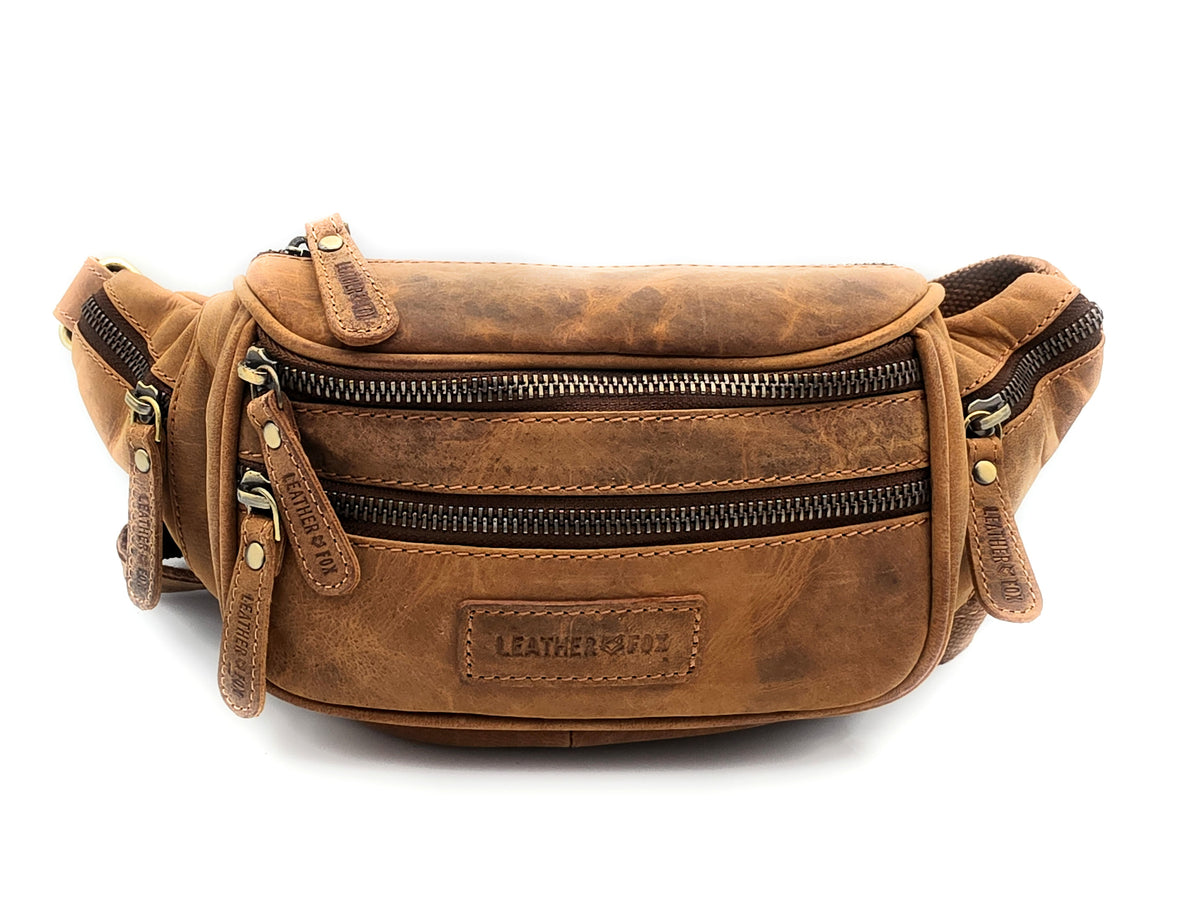 Leatherfox Bauchtasche aus Hunterleder – robuste Leder-Gürteltasche mit 6 Fächern & verstellbarem Hüftgurt, Metallreißverschlüsse