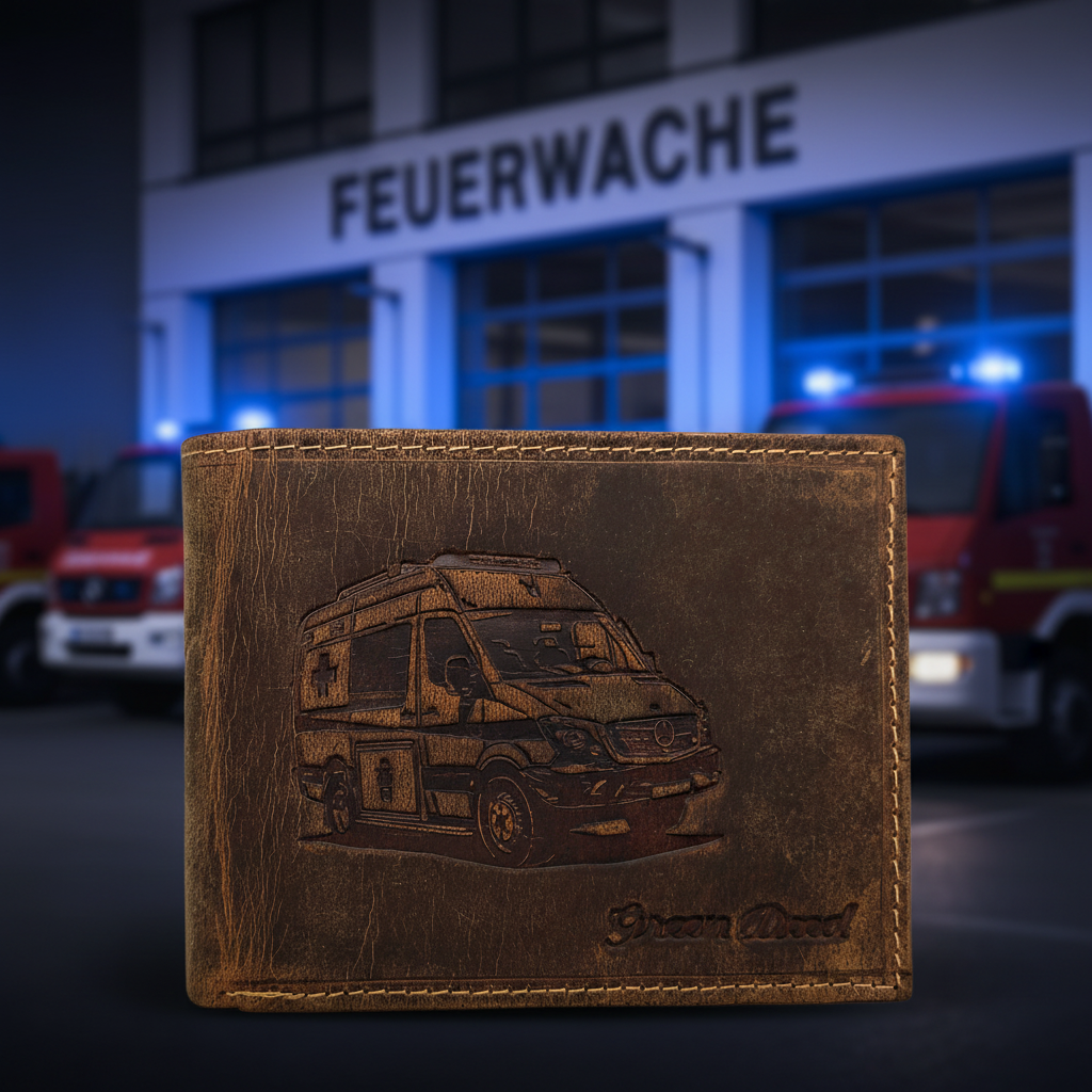 Green Deed Geldbörse aus Hunterleder – Dunkelbraun mit geprägtem Krankenwagen-Motiv & RFID-Schutz