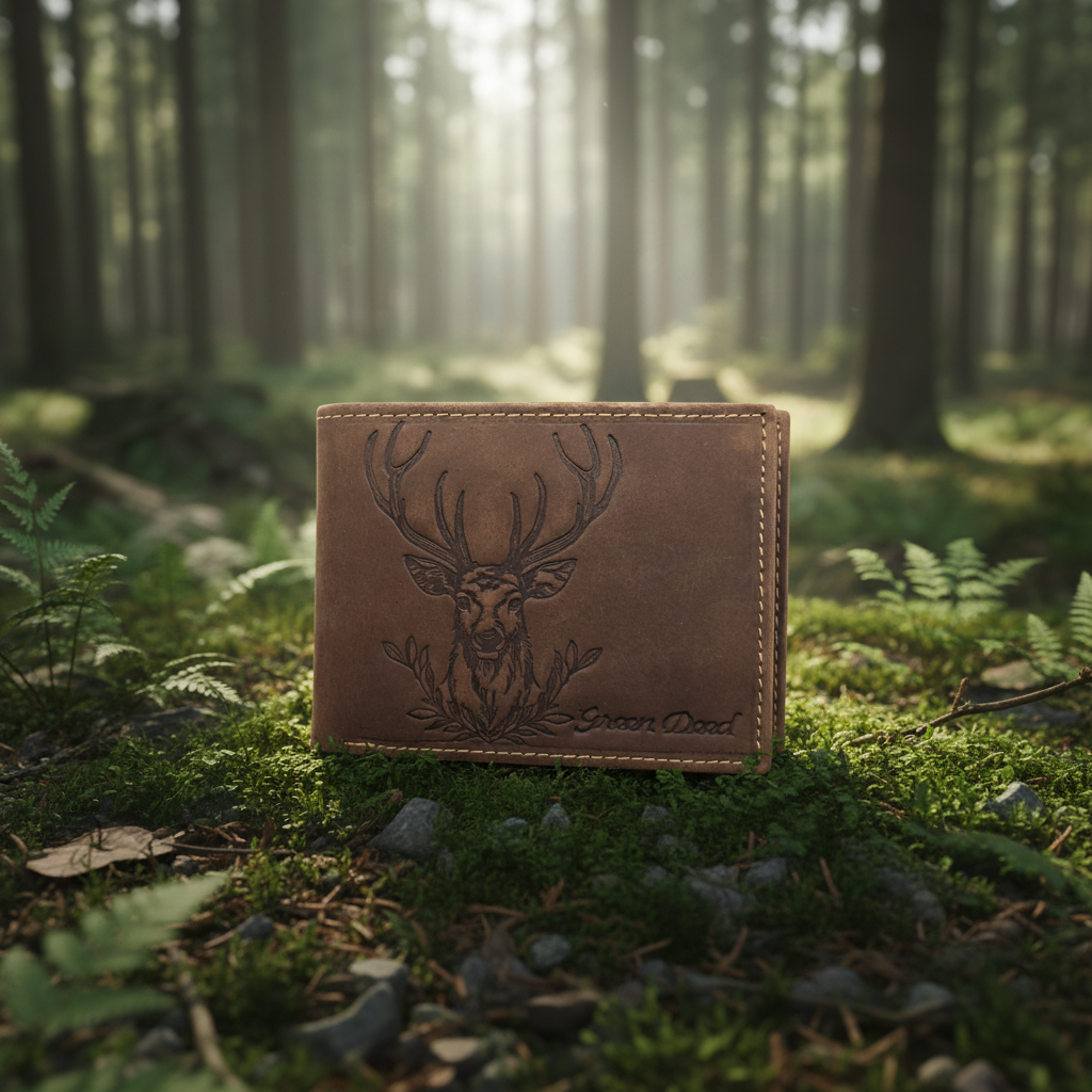 Green Deed Geldbörse aus Hunterleder – Dunkelbraun mit geprägtem Hirschmotiv, RFID-Schutz & Geschenkbox