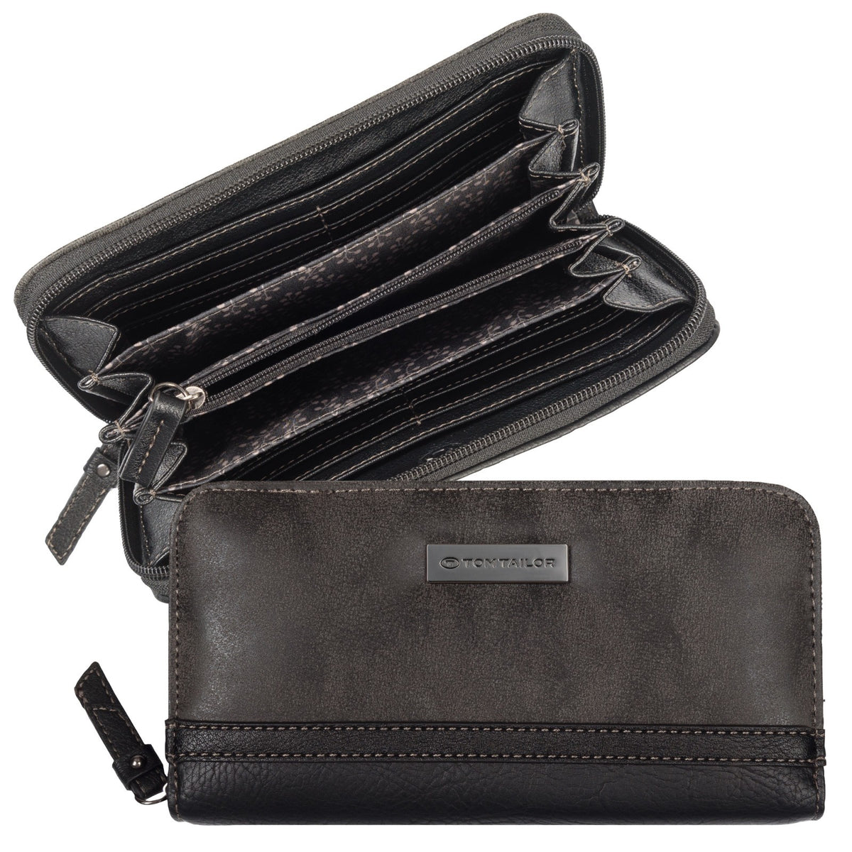 Tom Tailor Damen Geldbörse Elin – Long Zip Wallet mit 12 Kartenfächern, florales Innenfutter – 20x2,5x10,5 cm – schwarz grau
