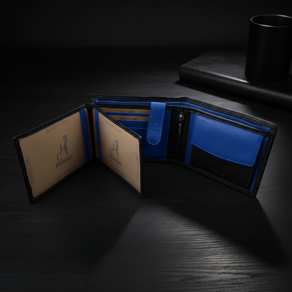 Jockey Club Basic Geldbörse Rindleder Schwarz/Royalblau mit RFID-Schutz