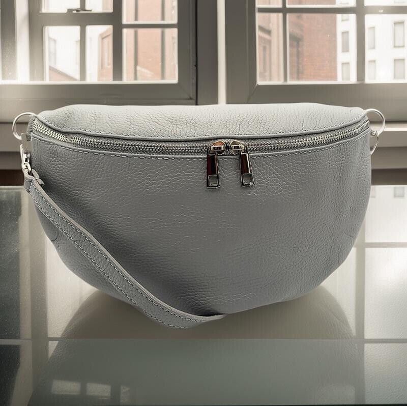 echt Leder XL Damen Crossbag Umhängetasche Schultertasche Handtasche made in Italy dunkelgrau