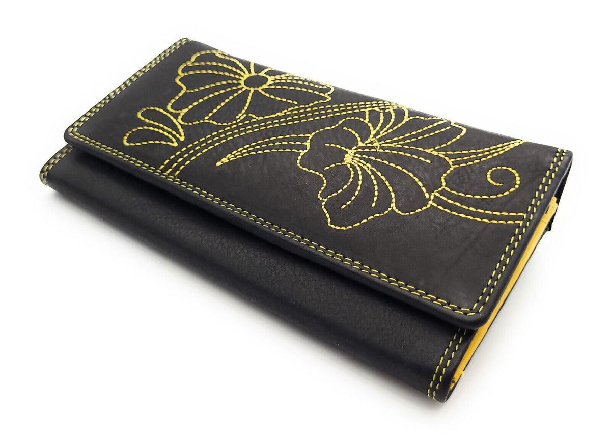 Jockey Club echt Leder Damen Geldbörse Portemonnaie mit RFID Schutz Flower gelb