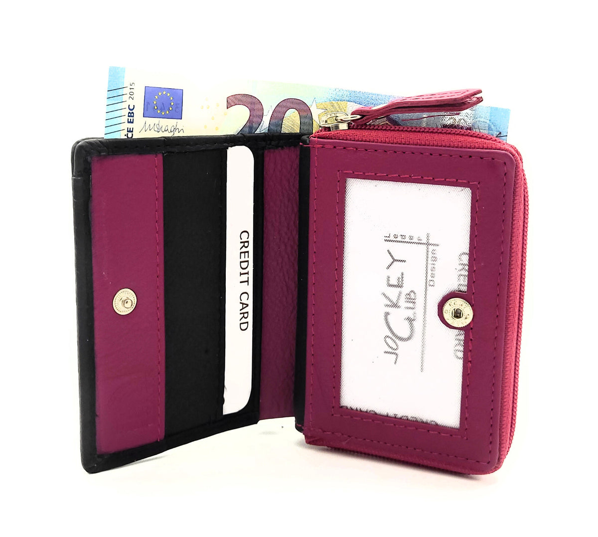 Jockey Club Mini-Geldbörse aus Leder mit RFID-Schutz & Pferde-Stickerei – kompakt & stilvoll schwarz pink