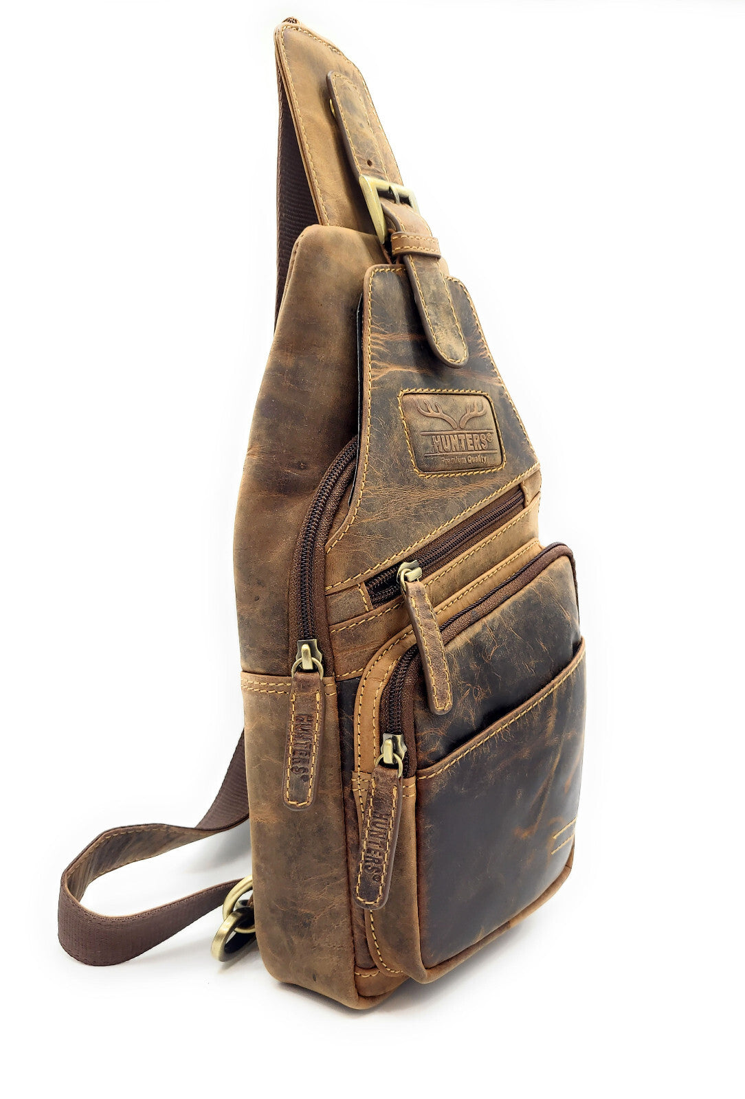 Hunters Crossbag Slingbag aus echtem Hunterleder – Vintage-Umhängetasche mit Platz für 0,33L Wasserflasche & Tablet