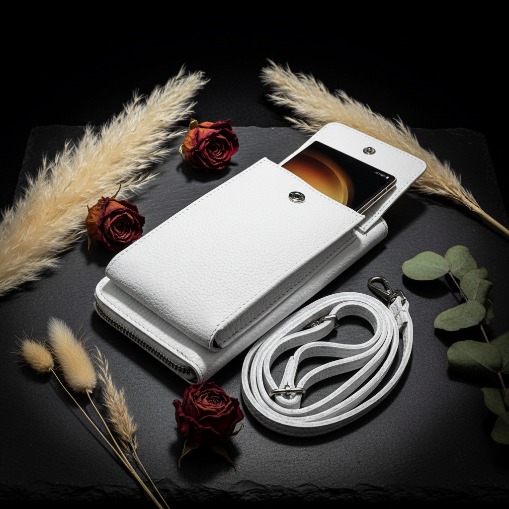 echt Leder Handybörse Smartphonetasche Geldbörse Umhängetasche made in Italy weiß