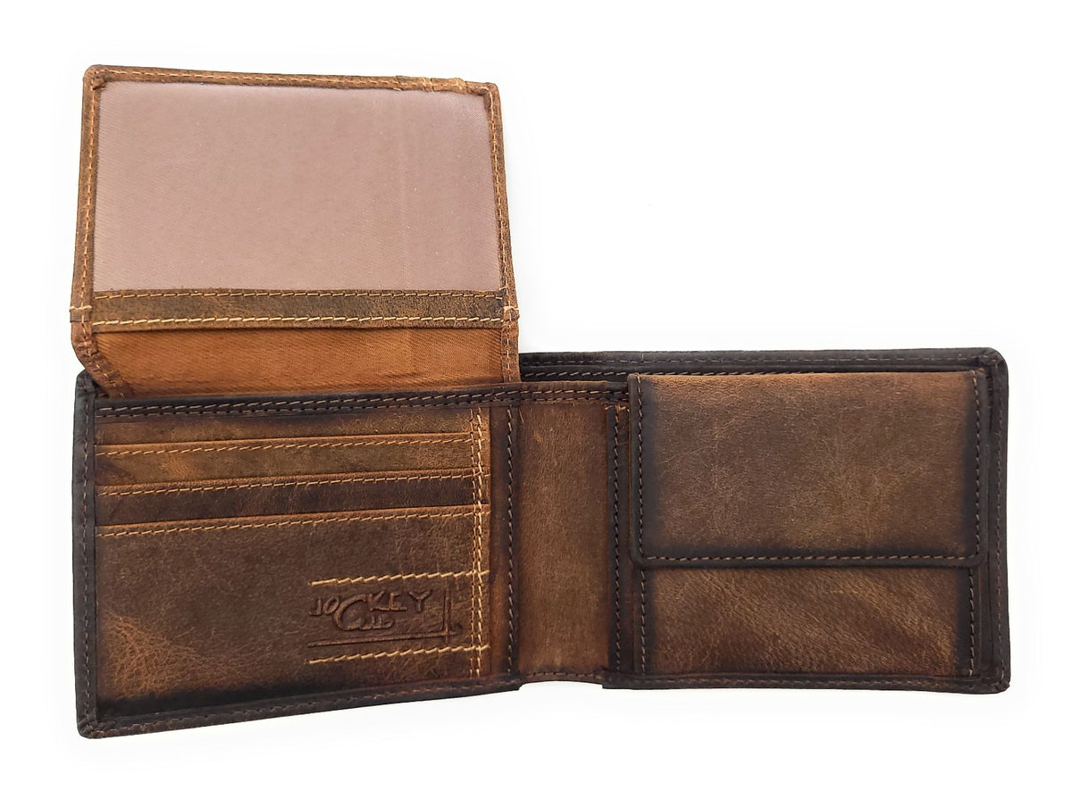 Jockey Club Serie Toro Mini Geldbörse Damen & Herren aus Hunterleder rustikal mit RFID Schutz, kompakt, 6 Kartenfächer, Münzfach mit Chipfach, 2 Scheinfächer, cognac braun