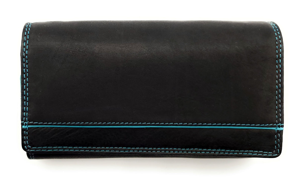 Jockey Club Echt Leder Damen Geldbörse RFID Schutz – Portemonnaie Bicolor Schwarz/Türkis – Viele Fächer, Druckknopf, Reißverschluss, großes Münzfach
