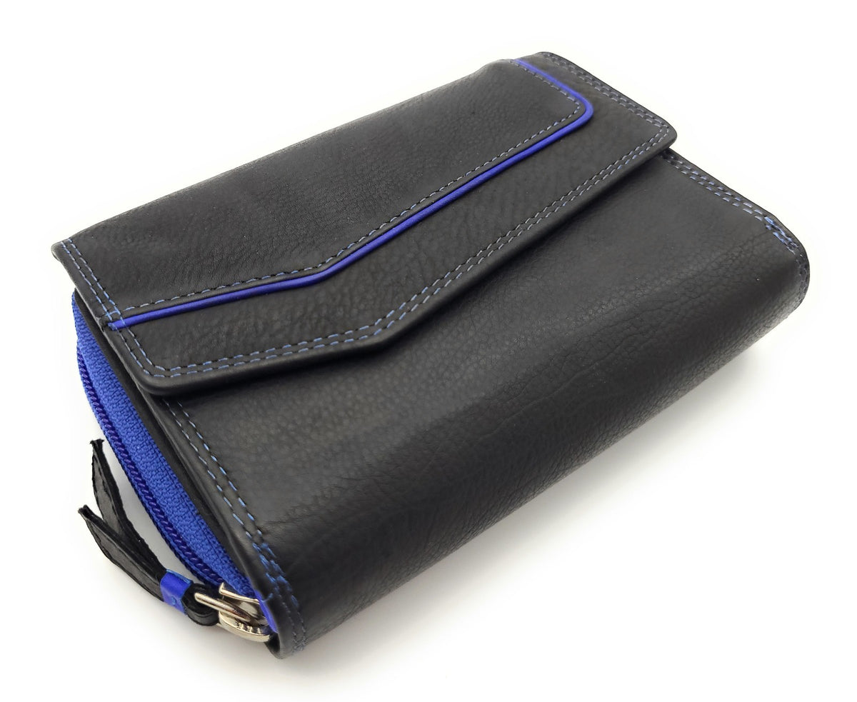 Jockey Club Geldbörse aus echtem Rindleder im Triangel-Design mit Druckknopf-Überschlag, RFID-Schutz, 9 Kartenfächern, Sichtfächern, Münzfach & Doppelnaht schwarz royalblau