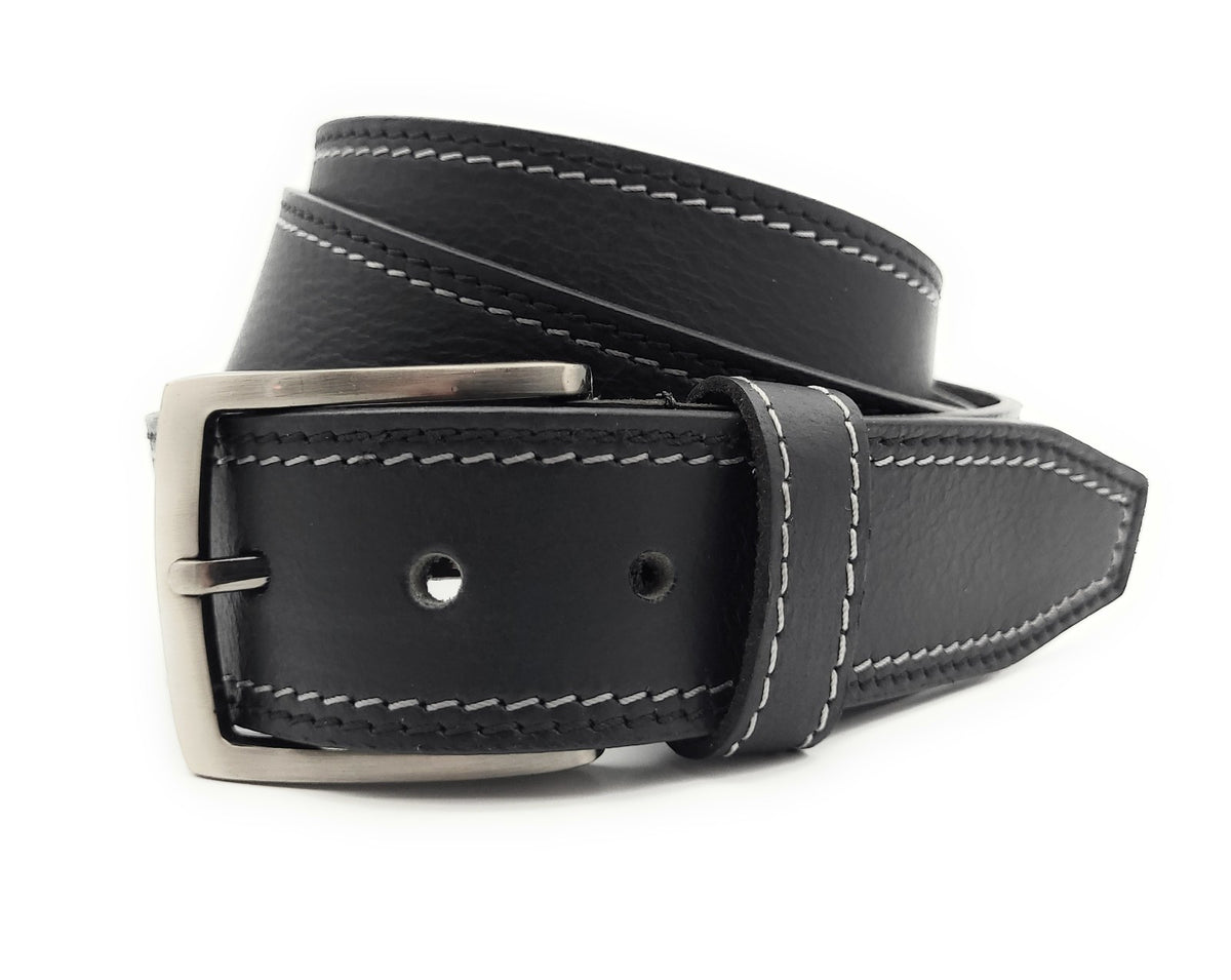 Büffelvollleder Gürtel Schwarz 40mm - Unisex Ledergürtel mit Kontrastnaht kürzbar, verschiedene Längen