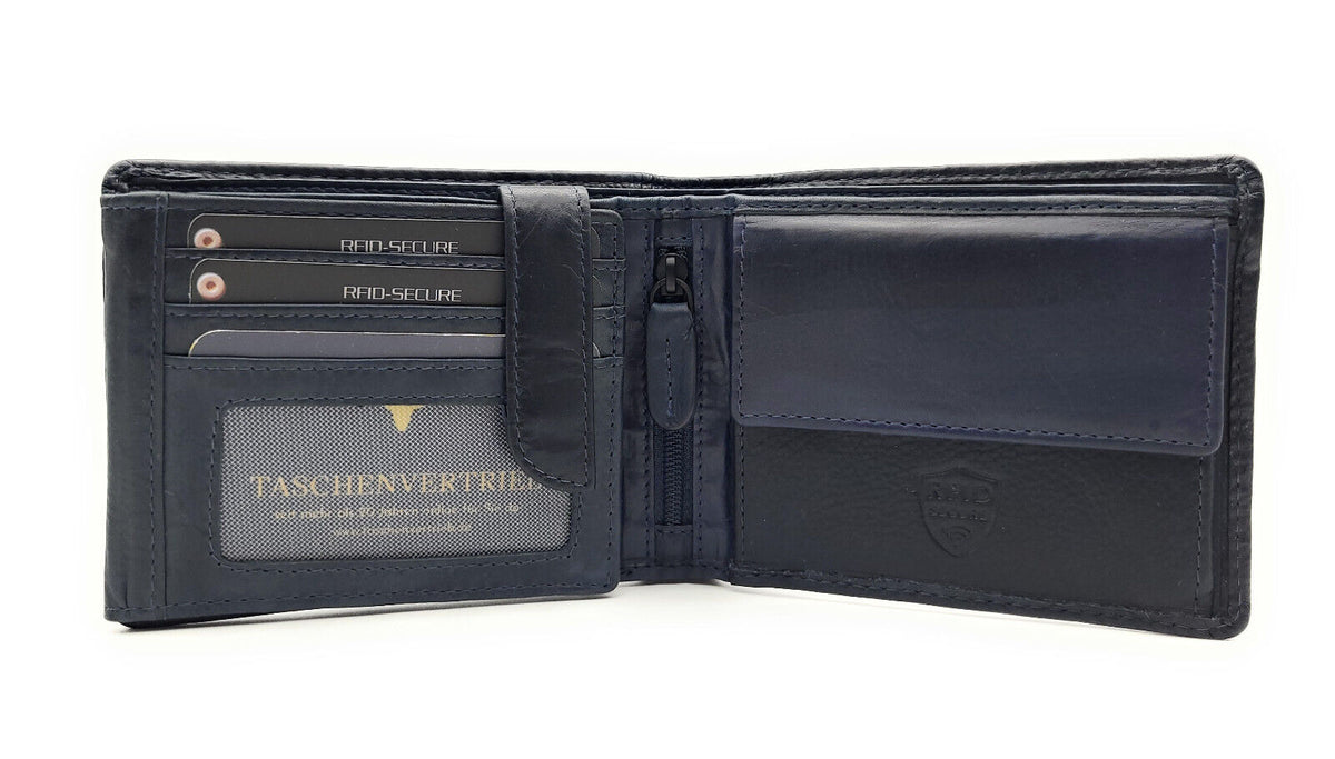 Jockey Club klassische echt Leder Geldbörse Portemonnaie mit RFID Schutz gewachstes Rindleder navy blau