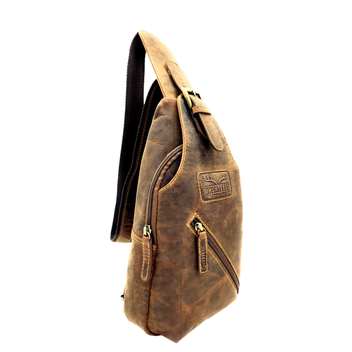 Crossbag / Slingbag aus echtem Hunterleder – Umhängetasche mit Reißverschlussfächern & verstellbarem Gurt, Vintage-Look, für Damen & Herren