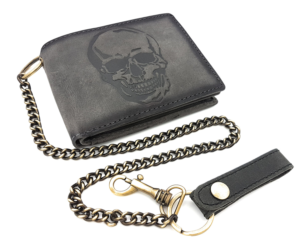 Jockey Club echt Leder Geldbörse Geldbeutel Portemonnaie Totenkopf Schädel + 50cm Kette mit RFID Schutz