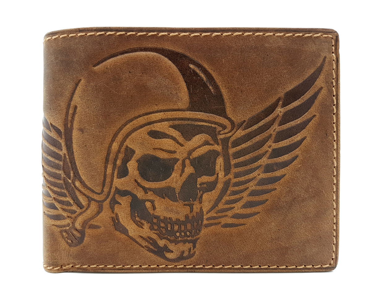 Jockey Club echt Leder Geldbörse Hunterleder Portemonnaie mit Kette Totenkopf Wing of Hell mit RFID Schutz