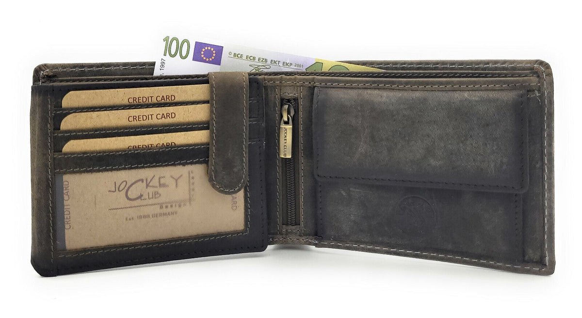 Jockey Club echt Leder Geldbörse Hunterleder Portemonnaie Geldbeutel Hecht Fisch Anglerbörse mit RFID Schutz vintage