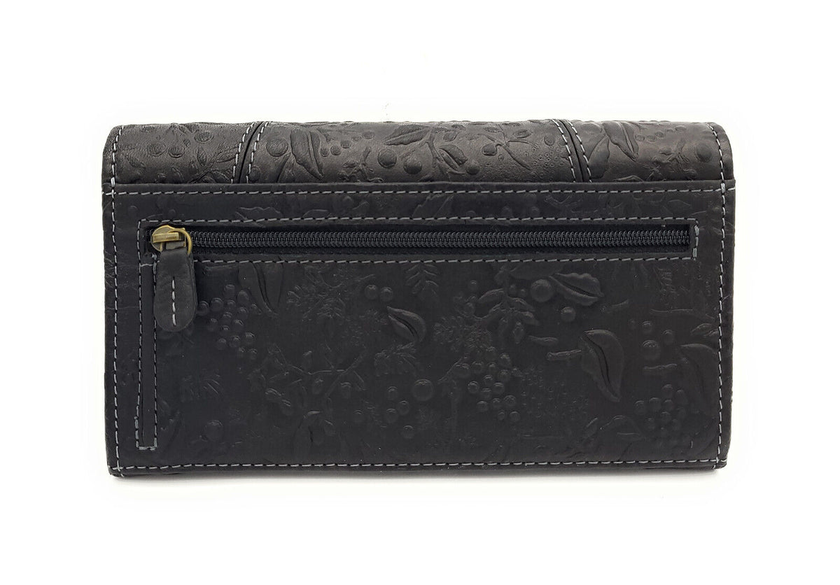 Hill Burry echt Leder Damen Geldbörse Portemonnaie floral mit RFID NFC Schutz schwarz
