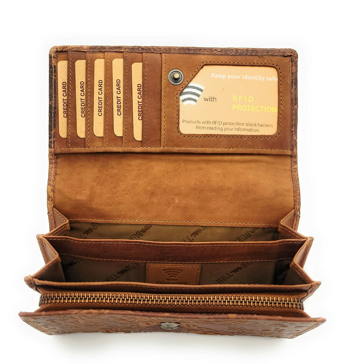 Hill Burry Damen Geldbörse Leder Braun RFID Schutz - 17 Kartenfächer Portemonnaie mit Münzfach - Naturleder Brieftasche floral geprägt Vintage