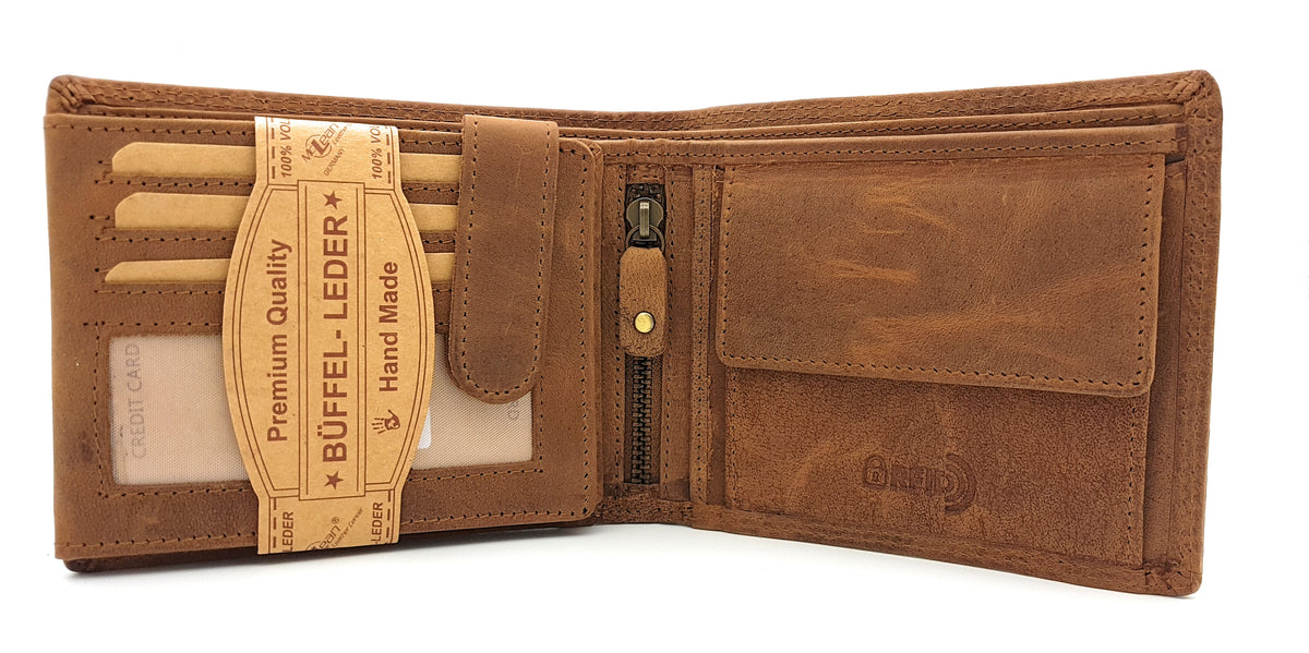 McLean echt Büffel Voll-Leder Männer Geldbörse, quer, naturbelassenes Hunterleder Portemonnaie Totenkopf Schädel Skull mit RFID NFC Schutz