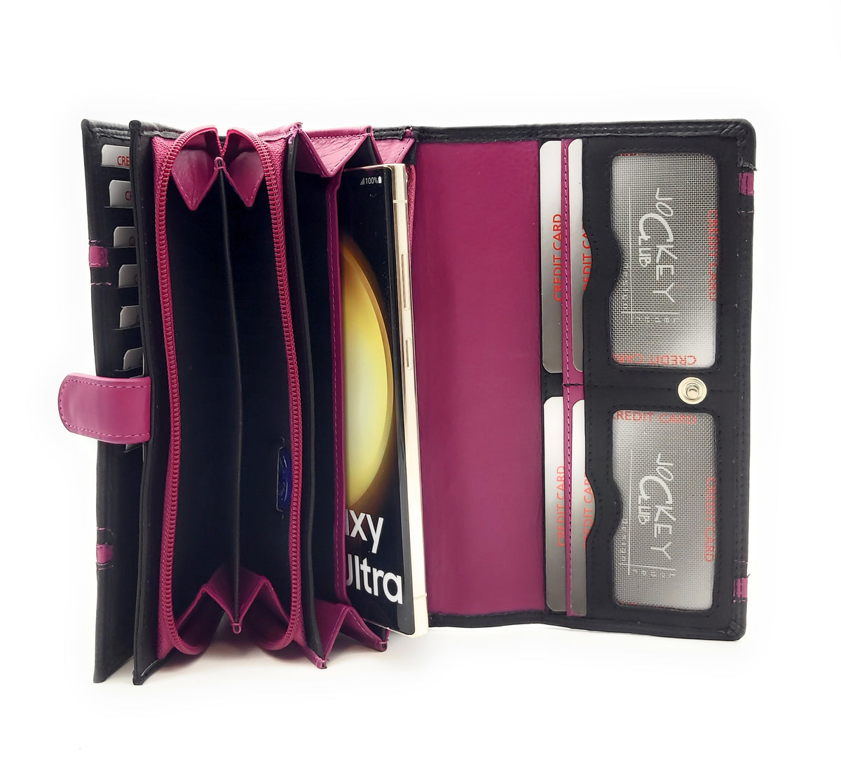 Jockey Club XL echt Leder Damen Geldbörse Portemonnaie 16 Kartenfächer mit RFID Schutz schwarz pink